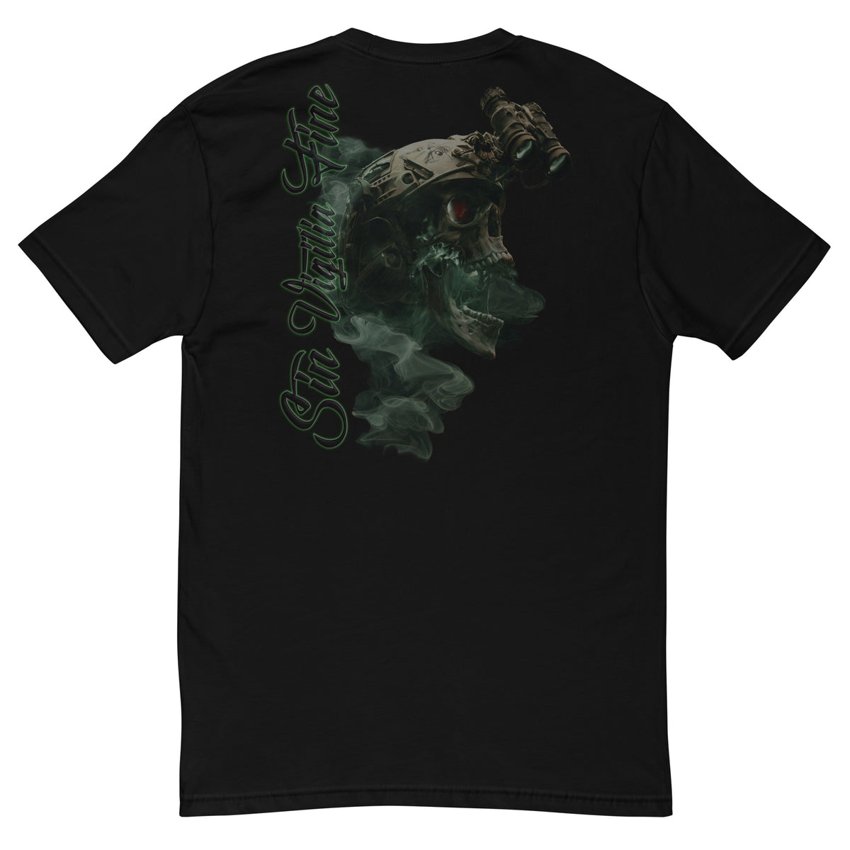 A black short-sleeve t-shirt shown from the back, featuring a large graphic print of a skull wearing tactical night vision goggles with green smoke effects and vertical green text reading 'Sin Vigilio Fine'.