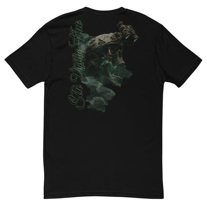 A black short-sleeve t-shirt shown from the back, featuring a large graphic print of a skull wearing tactical night vision goggles with green smoke effects and vertical green text reading 'Sin Vigilio Fine'.